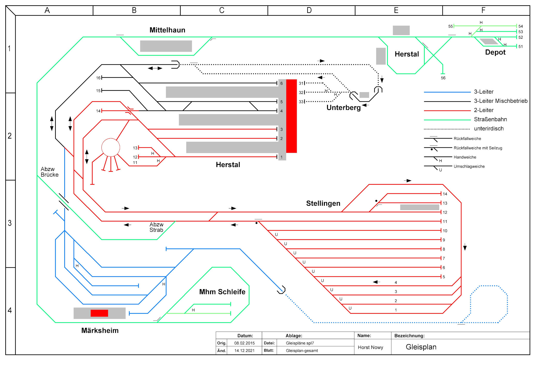 Schematischer Gleisplan der H0-Anlage (Straßenbahngleise grün)